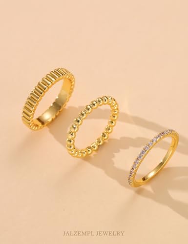 3Pcs Stackable Gold Rings Set for Women Cubic Zirconic Ribbed Bead Jewelry | 14K Gold & Silver Plated, Non Tarnish, Dainty Stacking Design, Trendy Gift - color: 14K Gold Plated