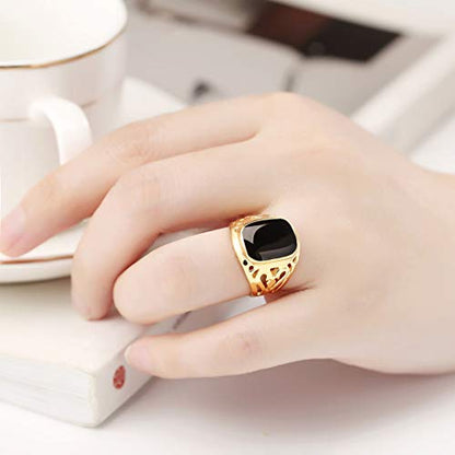 Star Jewelry Signet Pinky Ring with Black Square Enamel 18K Gold Plated for Men and Women Size 6-14