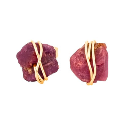 Gempires Wire Wrapped Raw Gemstone Stud Earrings for Women, Birthstone | Handmade wire-wrapped raw gemstone stud earrings — choose from stones and birthstones, artisan raw crystals on gold. - style: Ruby