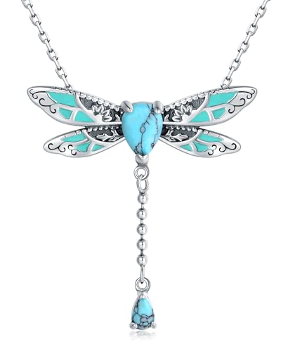 925-Sterling-Silver Turquoise Dragonfly/Hummingbird/Compass/Anchor/Butterfly/Cross/Lotus Necklaces Vintage Boho Pendant Jewelry Victorian Christmas Birthday Gifts for Women - style: Dragonfly Turquoise Necklace