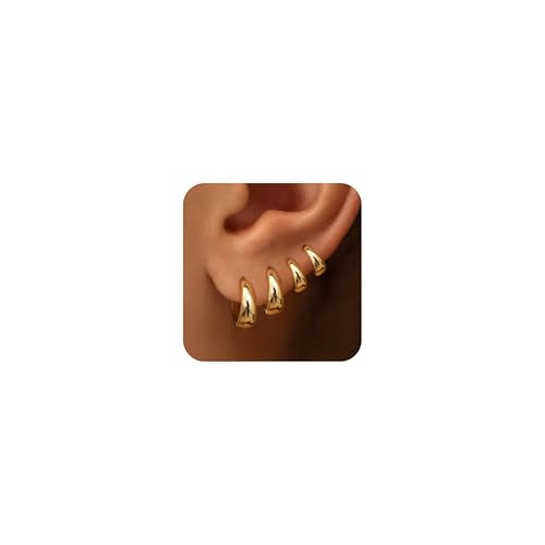 Small Chunky Hoop Earrings for Women, 14K Plated Huggie Stack | Chunky Hoop Stud Earrings Stackable, Lightweight Huggie Cartilage Ear for Multiple Piercing Jewelry Gift for Daily Wear - style: 4 Pairs-Gold