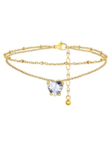 FindChic Bling Heart Birthstone Anklets Layered Beaded Ankle Bracelets for Women Gold/Black/Silver 12 Month Gem Colors Foot Chain Summer Jewelry for Girls, with Gift Box - color: Gold, style: 04. Apr.-Created Diamond(Prong Setting)