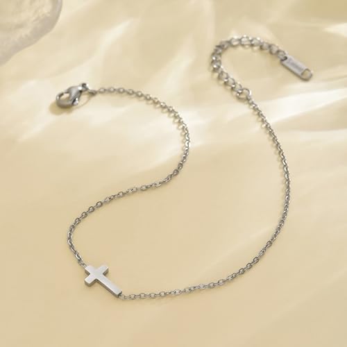 NONAMOIS Ankle Bracelets for Women Dainty 18K Gold Plated Anklet Waterproof Round Beaded Paperclip Herringbone Pearl Chain Anklets Waterproof Beach Foot Jewelry - color: Tiny Cross-WG