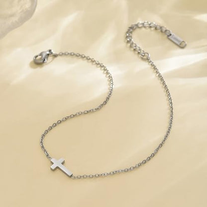 NONAMOIS Ankle Bracelets for Women Dainty 18K Gold Plated Anklet | Stainless Steel Waterproof Satellite Beaded Pearl Star Cross Chain Anklets Non Tarnish Summer Beach Foot Jewelry Gifts - color: Tiny Cross-WG