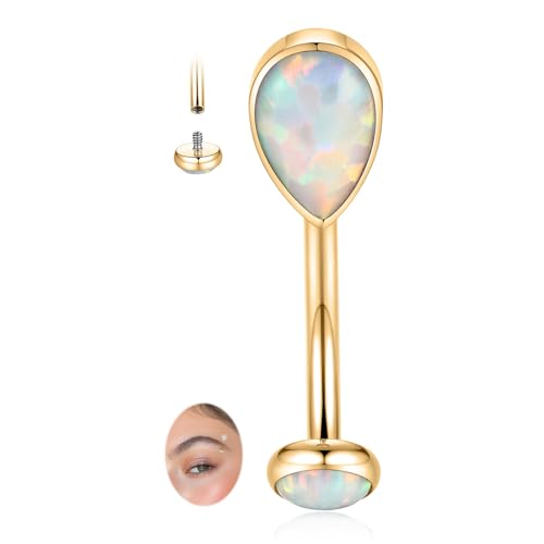 PEAKLINK G23 Titanium Eyebrow Ring 16G Rook Daith Tragus Helix Piercing Internal Threaded Curved Barbell Vertical Labret Lip Jewelry Small Belly Button Ring - color: Gold with White Opal
