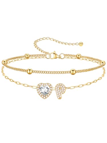 PROSTEEL Initial Ankle Bracelets for Women Waterproof, A-Z Gold/Silver Layered Anklets Adjustable, Summer Beach Gift Jewelry - color: Gold, size: P