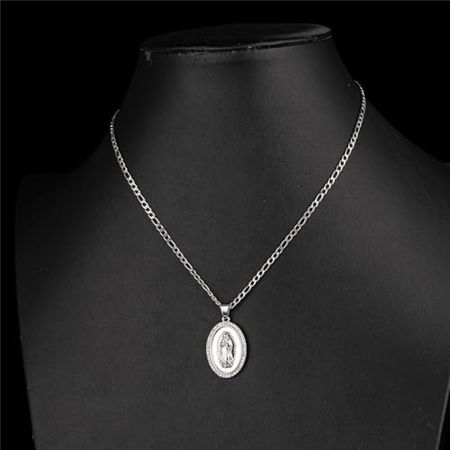 14K Gold Plated Guadalupe Virgin Mary Oval Pendant Necklace for Women Men Zircon Inlay Virgin Mary 3mm Flat Figaro Chain Necklace - color: white, size: chain length:18"