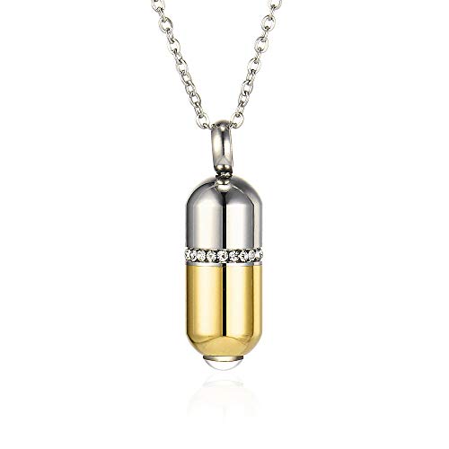 Stainless Steel Pill Cremation Urn Pendant Necklace Fashion Trendy Ash Urn Keepsake Jewelry Gift - color: Gold