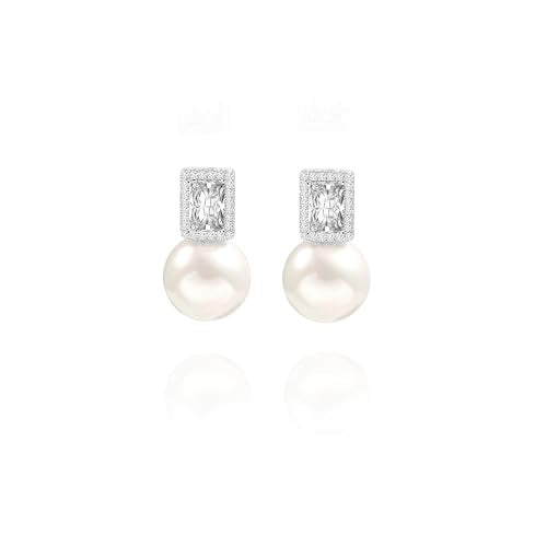 925 Sterling Silver Hoop Handpicked AAA+ Quality 7.5-8mm White Freshwater Cultured Pearl Dangle Drop Earrings Jewelry for Women - color: 3. Silver Plated CZ