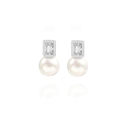 925 Sterling Silver Hoop Handpicked AAA+ Quality 7.5-8mm White Freshwater Cultured Pearl Dangle Drop Earrings Jewelry for Women - color: 3. Silver Plated CZ