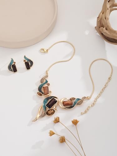 Chunky Statement Jewelry Set Vintage Retro Leaf Flower Floral Geometric Bohemian Boho Bib Necklace Earring Set Fashion Costume Jewelry for Women Girls Wedding Party Prom Unique Gift - style: Rectangle-blue