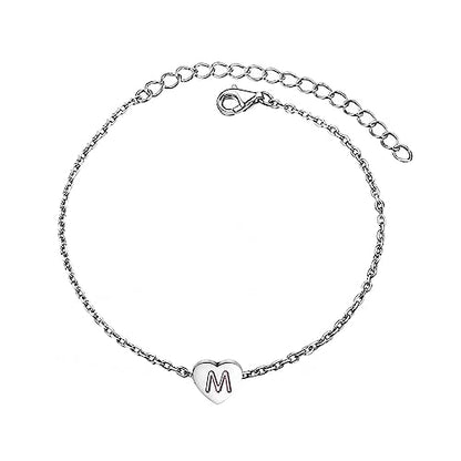 KunBead Initial Engraved Letter Bracelets Dainty Mini Size Heart Love Charm Stainless Steel Bracelets for Women Birthday Jewelry - style: M