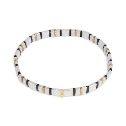 Sonateomber Tila Flat Beaded Stretch Bracelets for Women, Trendy Unique Colorful Square Beads Handmade Stack Bracelet Friendship Accessories Fashion Jewelry Gift - color: Black White Gold