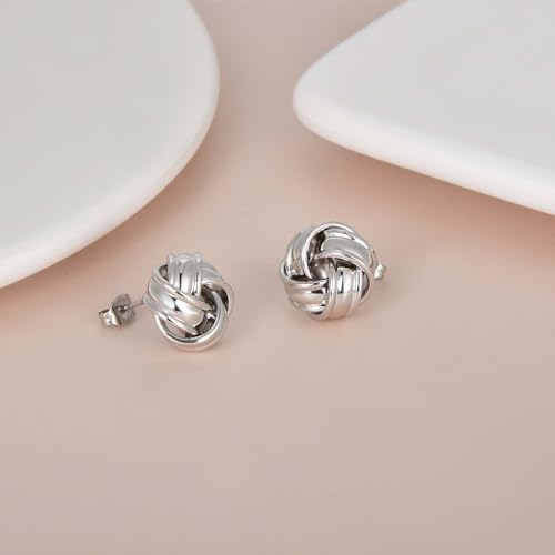 Love Knot Stud Earrings for Women Gold Plated Knot Earrings Geometric Twisted Statement Earrings Trendy Jewelry - color: Silver 15mm Knot