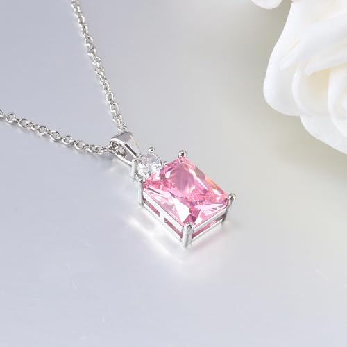 CiNily Rectangular Crystal Necklace for Women Trendy, Pendant Necklace with Chain 14K White Gold | Gold Plated Multicolor Birthstone Pendant Necklaces Boho Jewelry for Christmas Birthday Wedding - color: Silver-Pink cz