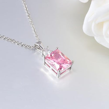 CiNily Rectangular Crystal Necklace for Women Trendy, Pendant Necklace with Chain 14K White Gold | Gold Plated Multicolor Birthstone Pendant Necklaces Boho Jewelry for Christmas Birthday Wedding - color: Silver-Pink cz