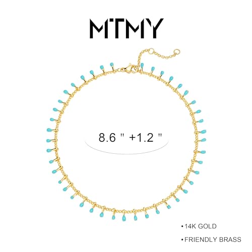 Gold Anklets for Women 14K Gold Plated Tiny Bead Anklet Colorful Tassel Foot Chain Dainty Adjustable Cute Summer Beach Boho Anklets Jewelry Gift - color: lake blue