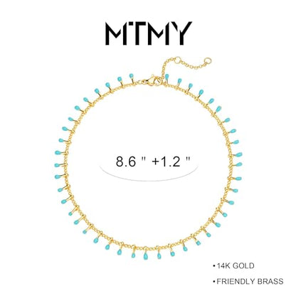 Gold Anklets for Women 14K Gold Plated Tiny Bead Anklet Colorful Tassel Foot Chain Dainty Adjustable Cute Summer Beach Boho Anklets Jewelry Gift - color: lake blue