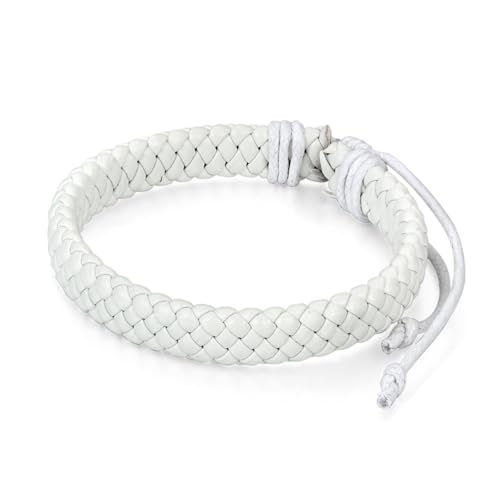 Leather Surfer Cuff Bracelet: Adjustable Braided Rope Woven Wrap Wristband for Men Women, Fit 7.6-10.6 inch Wrist - color: White