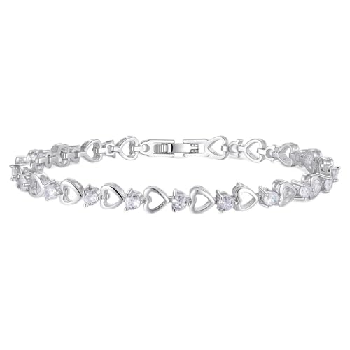 Tennis Bracelet for Women - 14K Gold Plated Heart Cubic Zirconia Bracelet, Dainty Trendy Anniversary Birthday Christmas Jewelry Gift for Her - color: White Gold (5.9-6.5 Inches)