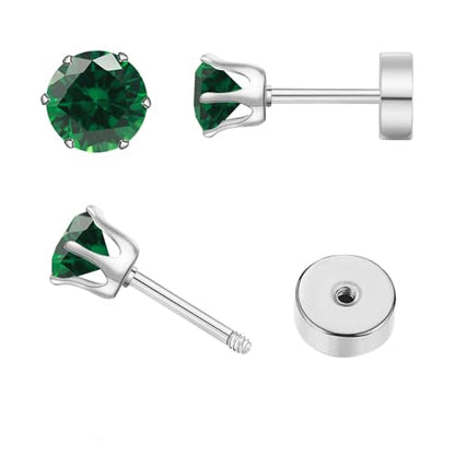 Birthstone Stud Earrings Silver May Emerald | Hypoallergenic, Brilliant Cut Round Cubic Zirconia, Flat Back, Surgical Steel, For Sensitive Ears
