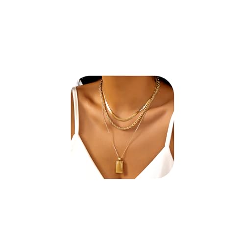 Gmai Layered Necklaces for Women Gold Plated 3/4/5 Piece Adjustable Stackable Necklace Set with Pearl Cross Coin Pendant Dainty Gold Silver Choker Chain Jewelry Gift for Her - style: rectangular pendant 3PC