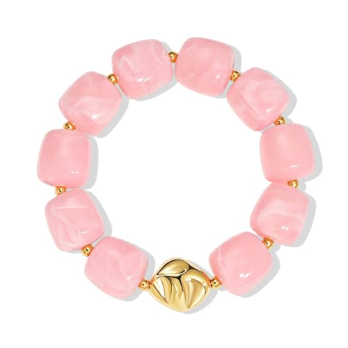 Bead Bracelet for Women Vibrant Color Resin Beads Bracelets Elastic Stretch Chunky Bracelet Boho Summer Beach Vacation Jewelry - color: Pink