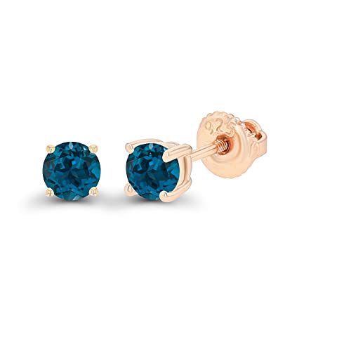 14K Gold Plated 925 Sterling Silver Hypoallergenic 4mm Round Genuine Birthstone Solitaire Screwback Stud Earrings - color: Blue Topaz-London Blue Topaz