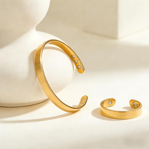Calming Bracelet Ring Set for Women, Menopause Bracelets Adjustable Bangle Stainless Steel Cuff Climacterium Anxiety Stress Relief Energy Open Jewelry Gift - color: Gold + Gold
