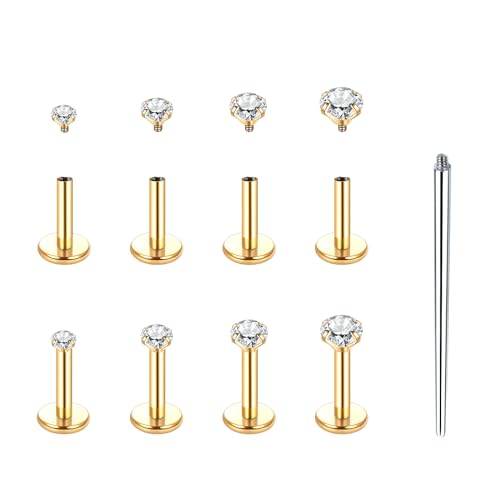 Xpircn Flat Back Stud Earrings 14K Gold Plated Internally Threaded CZ Stud Piercing Jewelry for Tragus Helix Cartilage Conch Nose Hypoallergenic Lip Labret Medusa Piercing 16G 18G - color: 16 Gauge, Gold, size: 6mm Bar