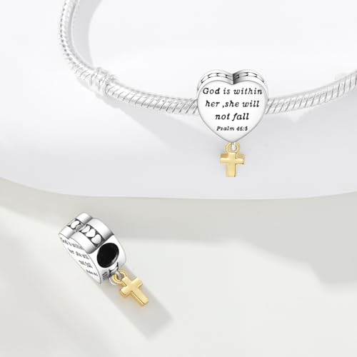 925 Sterling Silver Charms for Bracelets and Necklace Religious Cross Pendants Praying Hands, Bible, Virgin Mary, Jesus, Church Bead Jewelry - color: God is within Her She Will Not Fall