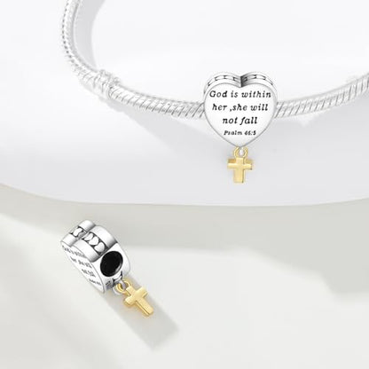 925 Sterling Silver Charms for Bracelets and Necklace Religious Cross Pendants Praying Hands, Bible, Virgin Mary, Jesus, Church Bead Jewelry - color: God is within Her She Will Not Fall