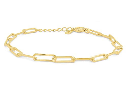 7" Length +1" Adjustable Paper Clip Chain Bracelet for Women | 14K Gold Over Sterling Silver Plain Jewelry - color: yellow-gold-plated-silver