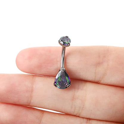 VOJO G23 Titanium Belly Button Rings Cubic Zircon Opal Hypoallergenic Threaded 14G Diamond Navel Body Piercing Jewelry Birthstone for Women - color: Teardrop Rainbow CZ