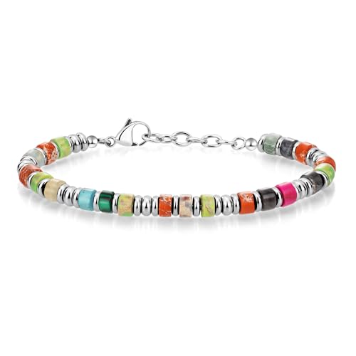 SIUMAL Mens Bracelet, Boho Stainless Steel Bracelets for Men, Beaded Bracelets, Jewelry Gifts for Husband, Father, Friends - color: Silver & Colorful