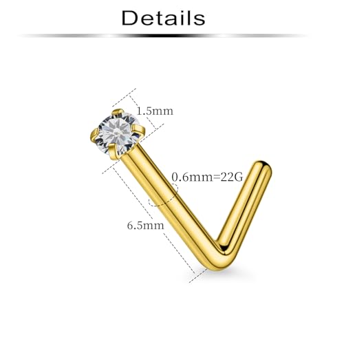 20Pcs Nose Rings Studs Surgical Steel L-Shape Nose Rings for Women 1.5mm 2mm Cubic Zirconia Nose Screw Studs Hypoallergenic Nose Piercings Jewelry 24g 22g 20g 18g - color: L-shape,goldtone, size: 22g,1.5mm CZ