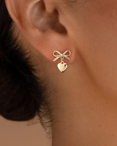 Stud Earrings for Women- 14K Gold/White Gold Plated/Black Bow Dragon Softball Snake Bat Stud Earrings - color: Bow Heart