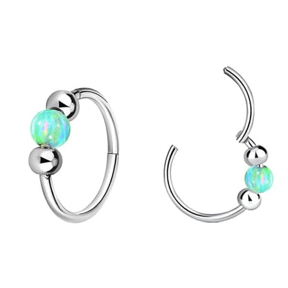 2 Pcs Small Cartilage Hoop Earrings for Women Men, 18G Opal Silver Earrings Hypoallergenic 316L Surgical Steel Hinge Huggie Hoop Earrings for Helix,Tragus,Conch,Rook,Earlobe Piercing Jewelry Nose Ring - style: 2Pcs 8mm Green Opal/Silver