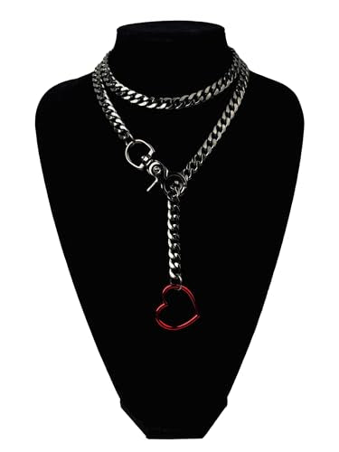 paloli Women's Slip Chain Rainbow Heart O-Ring Chunky Chain Necklace, Rays Cuban Long Layered Jewelry, Adjustable Lariat Y-Necklace Heart Loop Choker - color: C-Heart-Black-Red