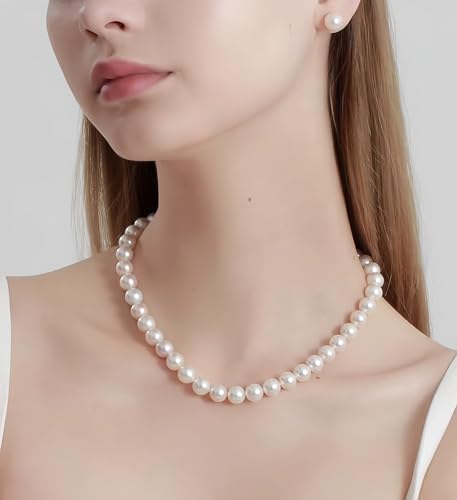 White Genuine Freshwater Cultured Pearl Necklace For Women And Men | Full Sizes from 3mm to 14mm Freshwater Pearls, AAA Grade & Above, A Love Gift Choice For Anniversaries And Birthdays - size: 9-10mm 18in
