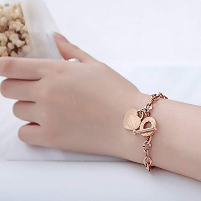 kelistom 316L Stainless Steel Love Heart Charm Bracelet for Women Romantic Gift Silver/Rose/18k Gold Plated OT Clasp Bracelets - color: 18k gold