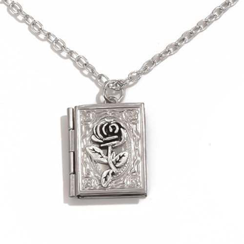 Photo Book Locket Necklace for Women Charm Choker Pendants that Holds Pictures Memorial Jewelry - color: Rose Flower Pattern