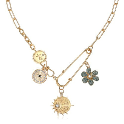 Charm Necklace for Women Gold Evil Eye Sun Moon Flower Coin Pendant Necklace Dainty Paperclip Chain Vintage Luck Amulet Choker Necklaces Celestial Jewelry Gift - style: Blue Flower, Sun