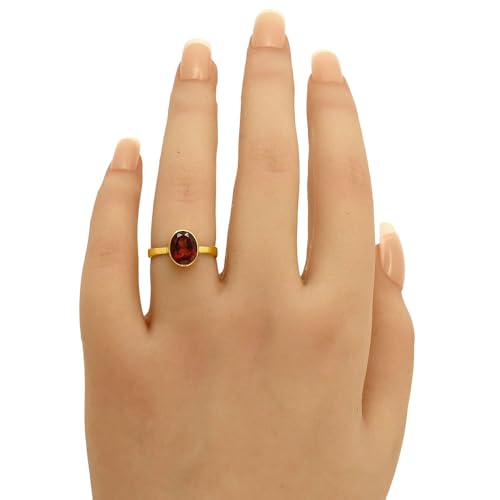 18K Gold Filled Non-Tarnish Ring for Women – Oval Multi Gemstone Solitaire Band – Classic Birthstone Jewelry for Everyday Wear - color: Hessonite Garnet
