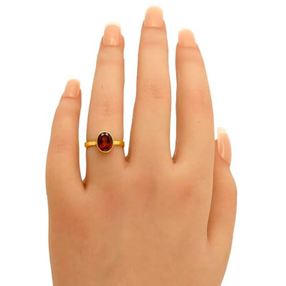 18K Gold Filled Non-Tarnish Ring for Women – Oval Multi Gemstone Solitaire Band – Classic Birthstone Jewelry for Everyday Wear - color: Hessonite Garnet