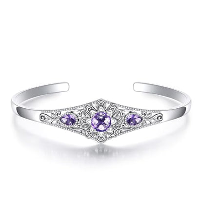 Genuine Amethyst Cuff Bracelet, 925 Sterling Silver Vintage Filigree Engraved Open Bangle Purple Gemstone Boho Jewelry February Birthstone Gift for Women - style: Style A