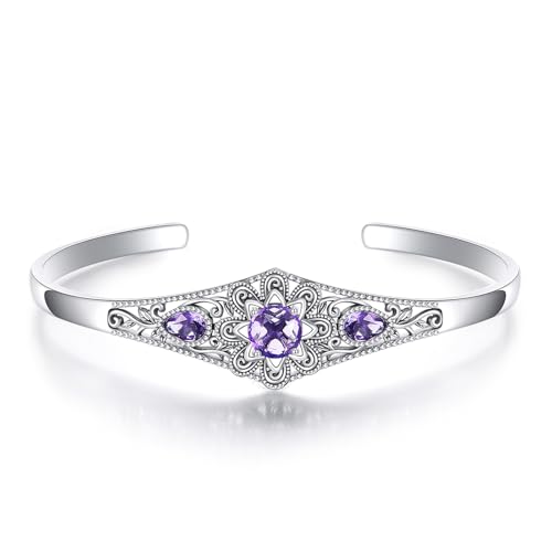 Genuine Amethyst Cuff Bracelet, 925 Sterling Silver Vintage Filigree Engraved Open Bangle Purple Gemstone Boho Jewelry February Birthstone Gift for Women - style: Style A