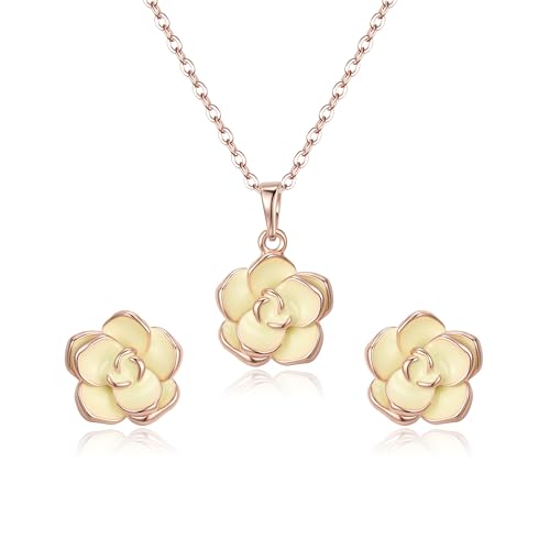 EleQueen Rose Flower Necklace Earrings Bracelet Set for Women - color: Light Yellow-Rose Gold-Tone