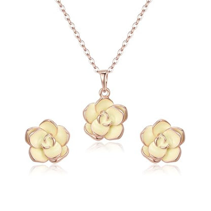 EleQueen Rose Flower Necklace Earrings Bracelet Set for Women - color: Light Yellow-Rose Gold-Tone