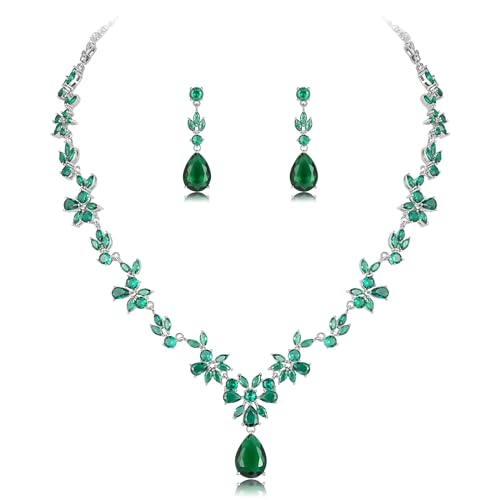 Jewelry Set for Women, Necklace Dangle Earrings Bracelet Set with White AAA Cubic Zirconia, Allergy Free Wedding Party Jewelry for Bridal Bridesmaid - color: Necklace + Earrings-White Gold-Green Emerald CZ